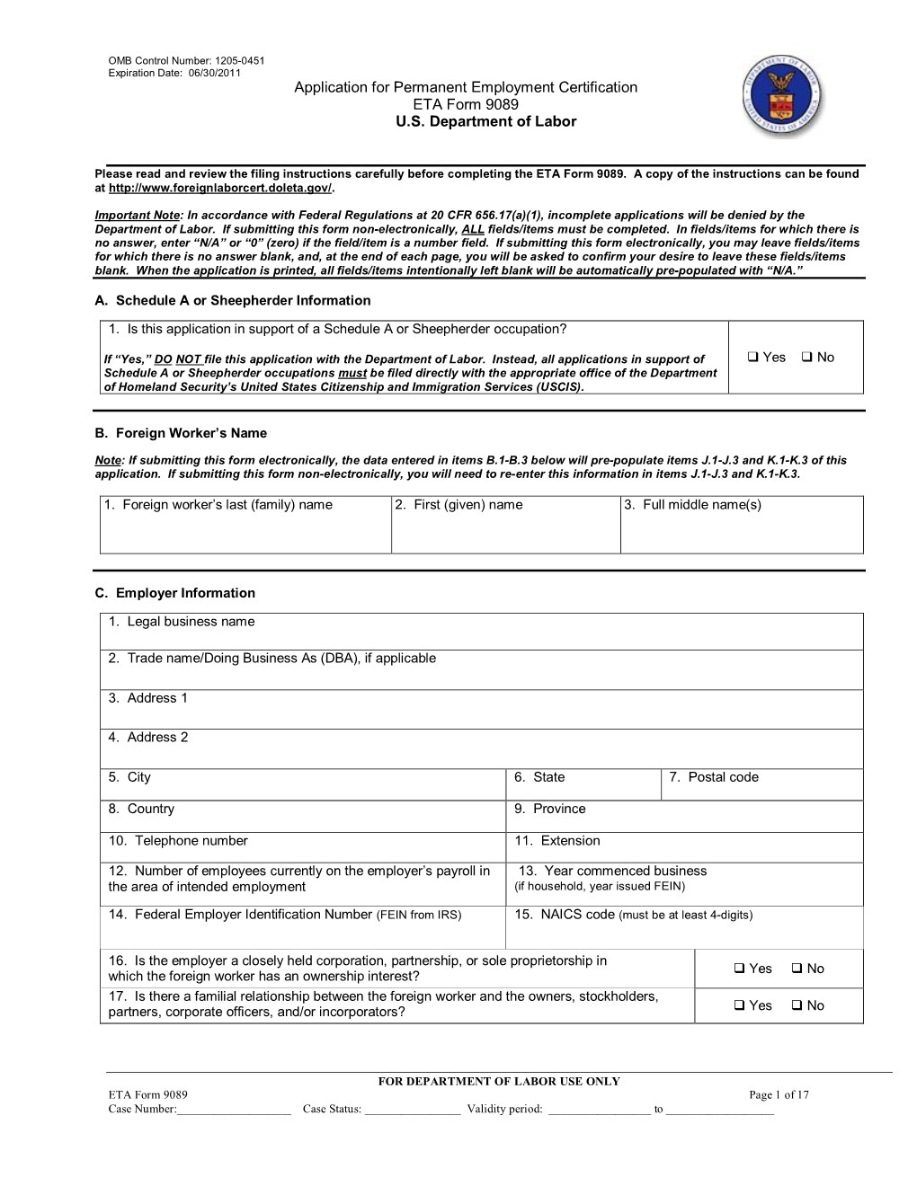 ETA Form 9089 U.S