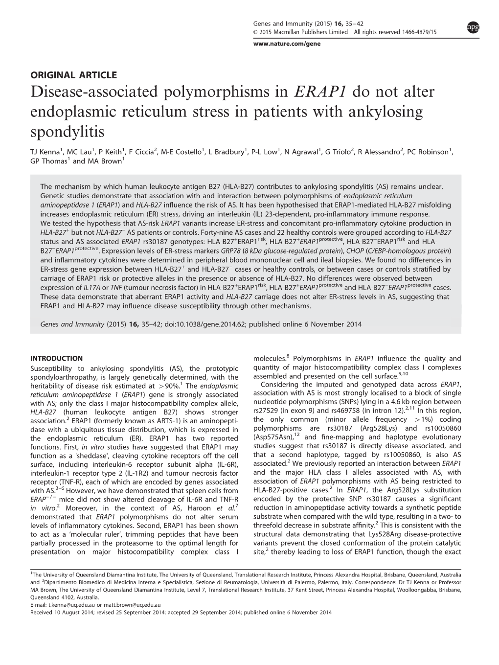 Disease-Associated Polymorphisms in ERAP1 Do Not Alter Endoplasmic Reticulum Stress in Patients with Ankylosing Spondylitis