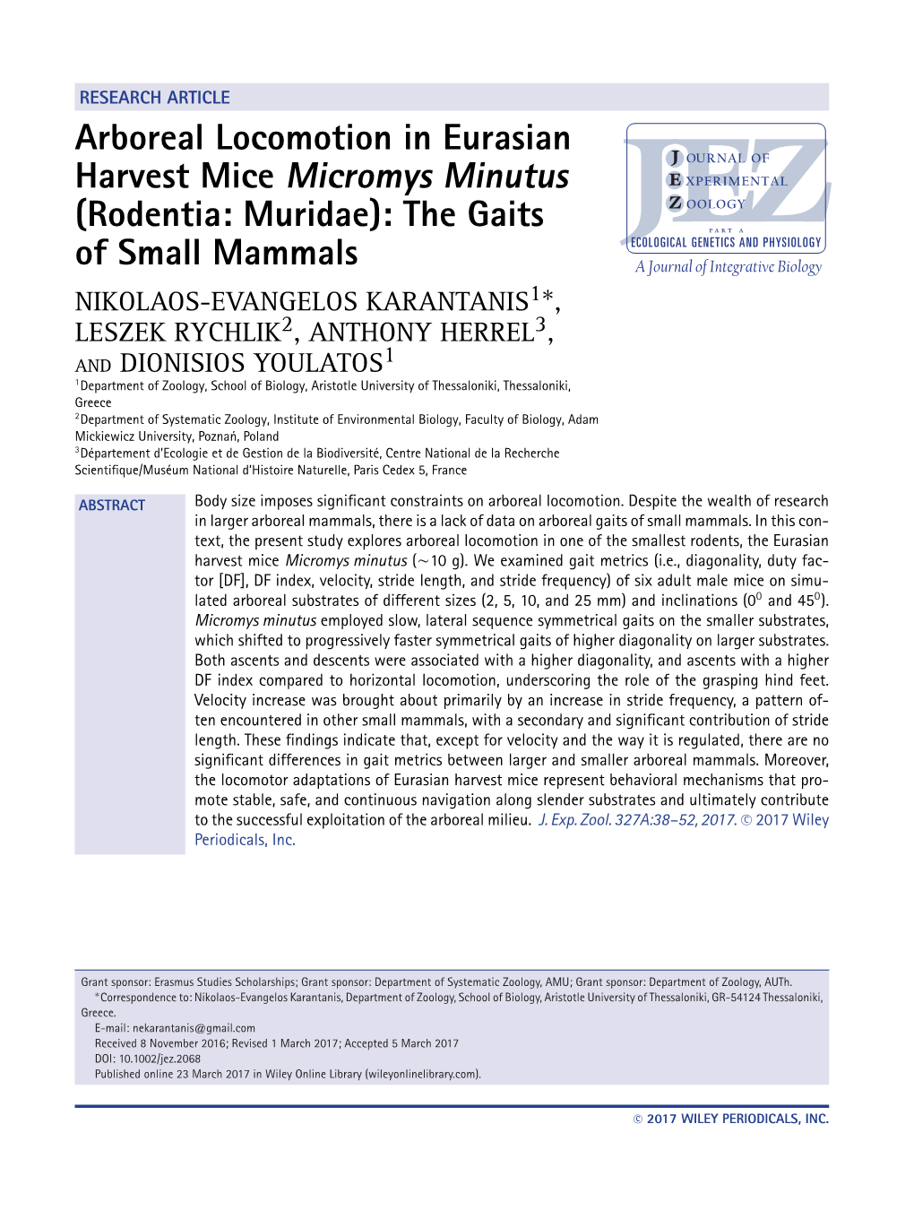 Arboreal Locomotion in Eurasian Harvest Mice &lt;I&gt;Micromys Minutus