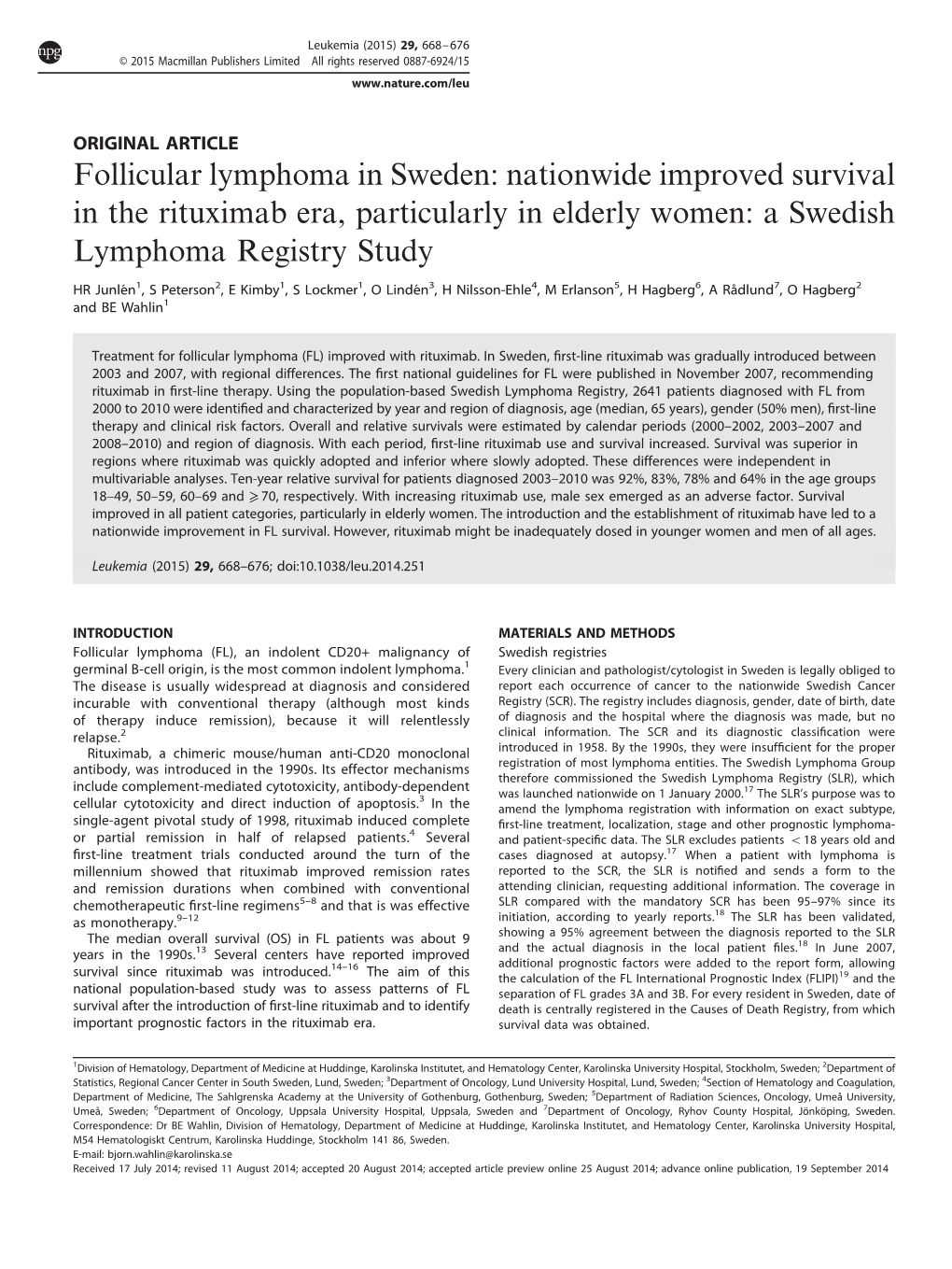 Follicular Lymphoma in Sweden: Nationwide Improved Survival in the Rituximab Era, Particularly in Elderly Women: a Swedish Lymphoma Registry Study