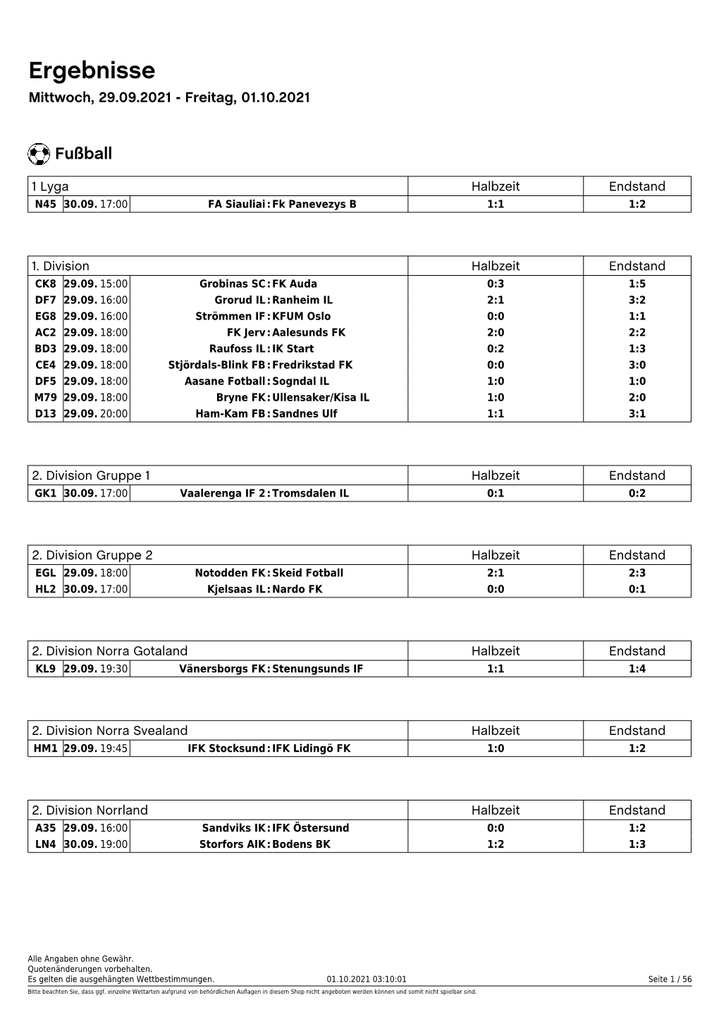 Ergebnisse Mittwoch, 29.09.2021 - Freitag, 01.10.2021