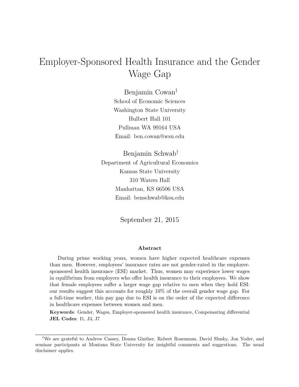 Employer-Sponsored Health Insurance and the Gender Wage Gap