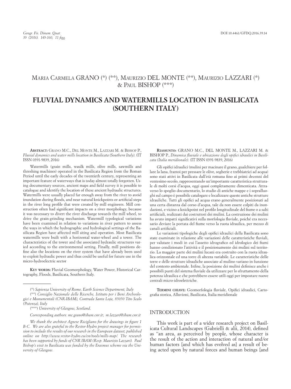 Fluvial Dynamics and Watermills Location in Basilicata (Southern Italy)