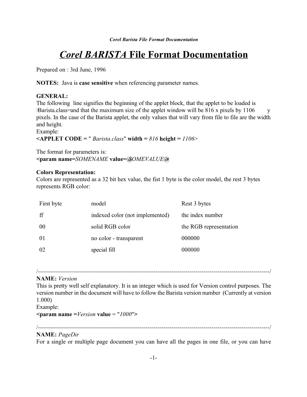 Barista File Format Documentation Corel BARISTA File Format Documentation