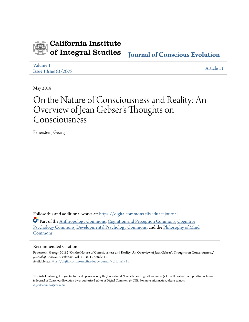 An Overview of Jean Gebser's Thoughts on Consciousness Feuerstein, Georg