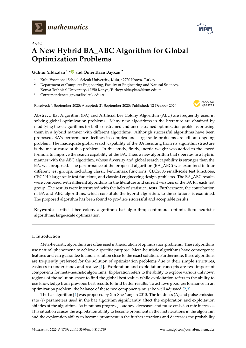 A New Hybrid BA ABC Algorithm for Global Optimization Problems