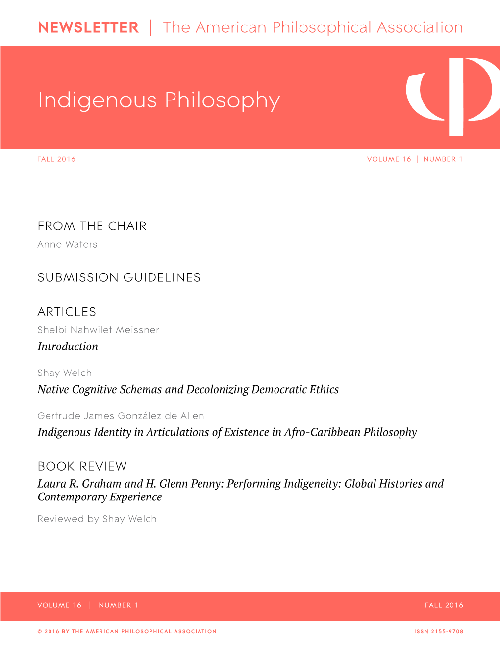 Indigenous Philosophy Vol. 16, No. 1