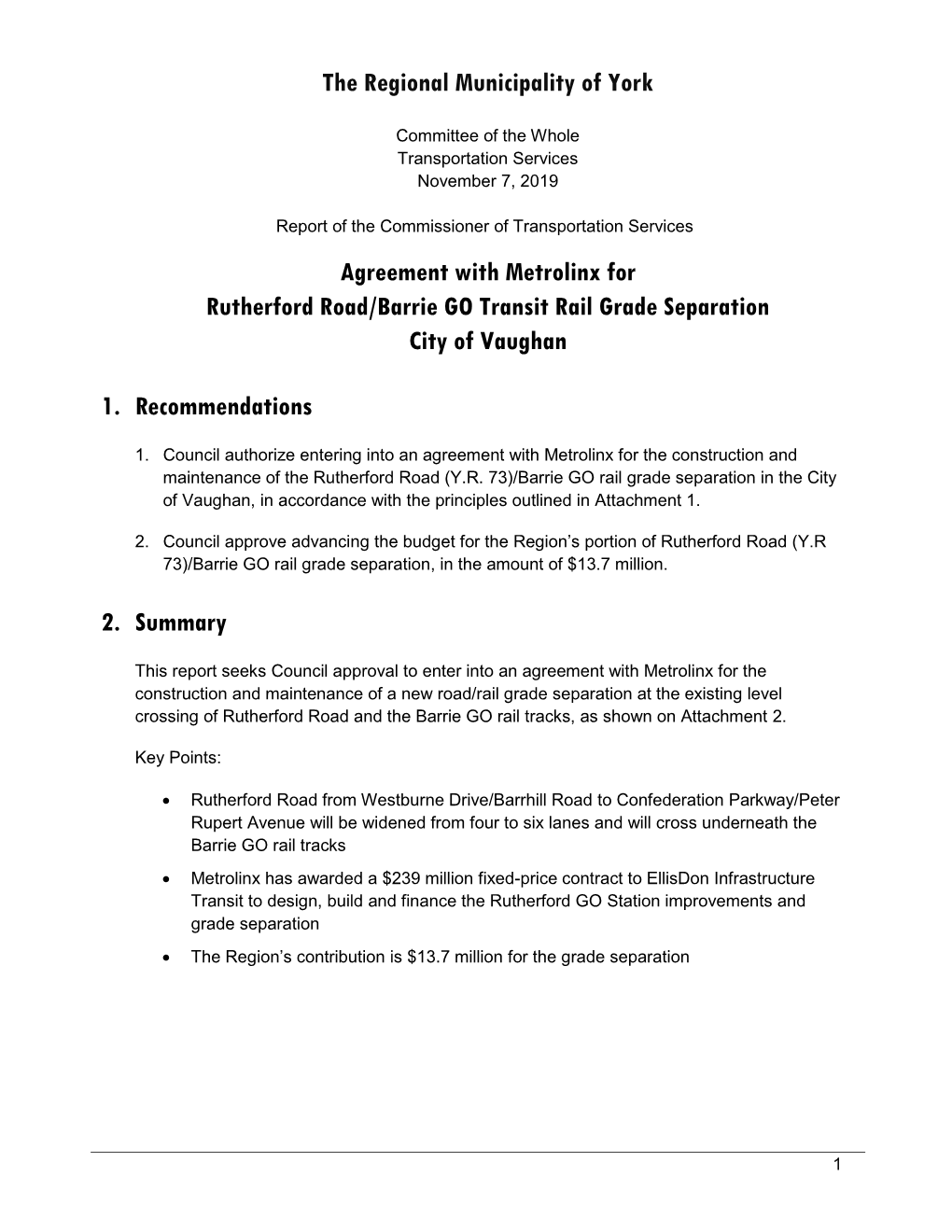 Agreement with Metrolinx for Rutherford Road/Barrie GO Transit Rail Grade Separation City of Vaughan