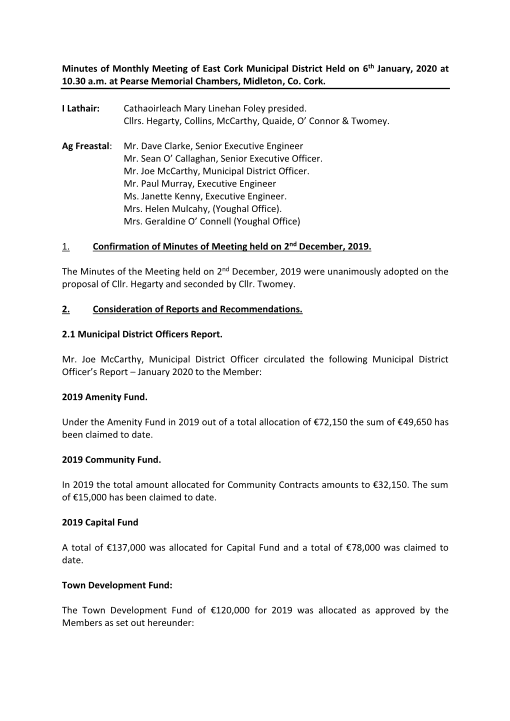 Minutes of Monthly Meeting of East Cork Municipal District Held on 6Th January, 2020 at 10.30 A.M