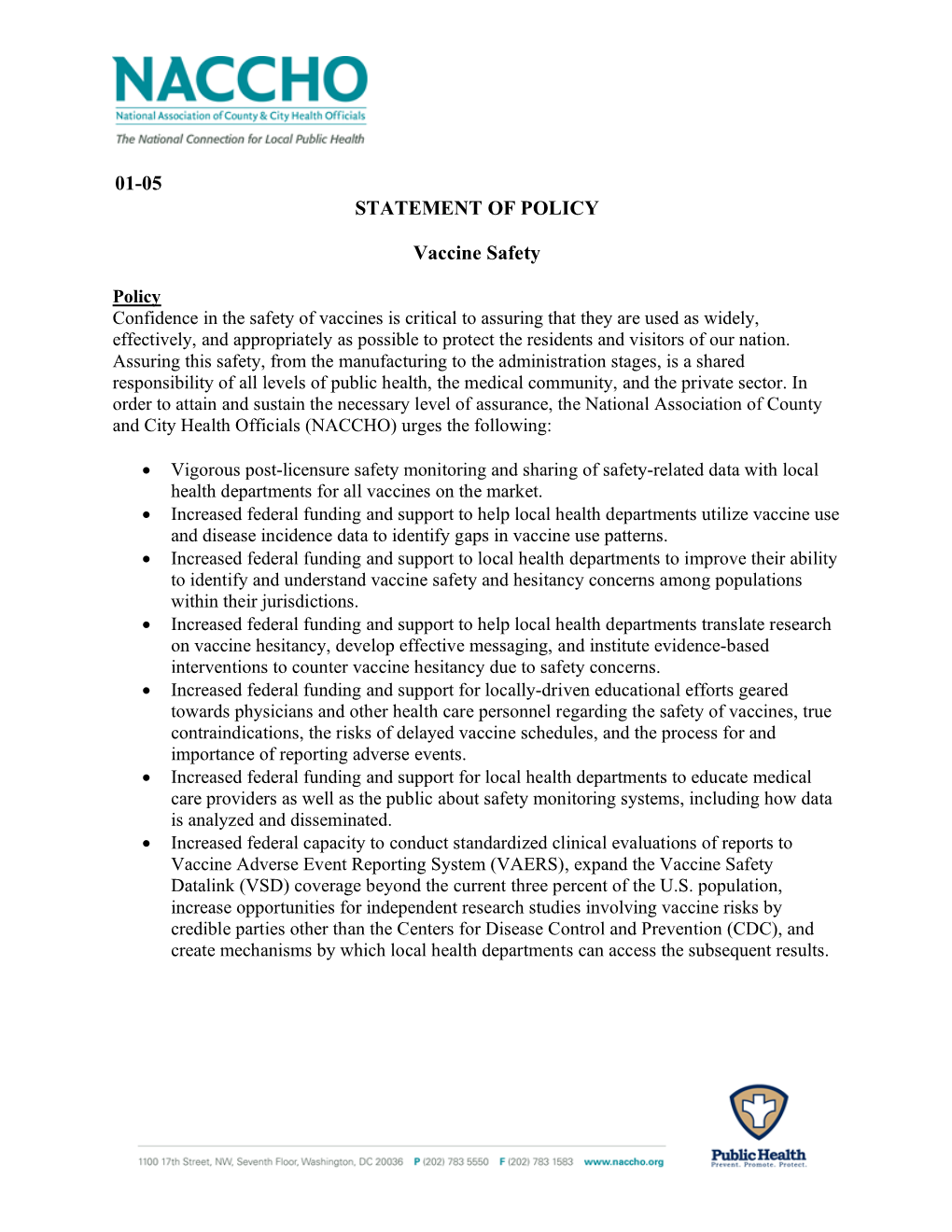 01-05 STATEMENT of POLICY Vaccine Safety