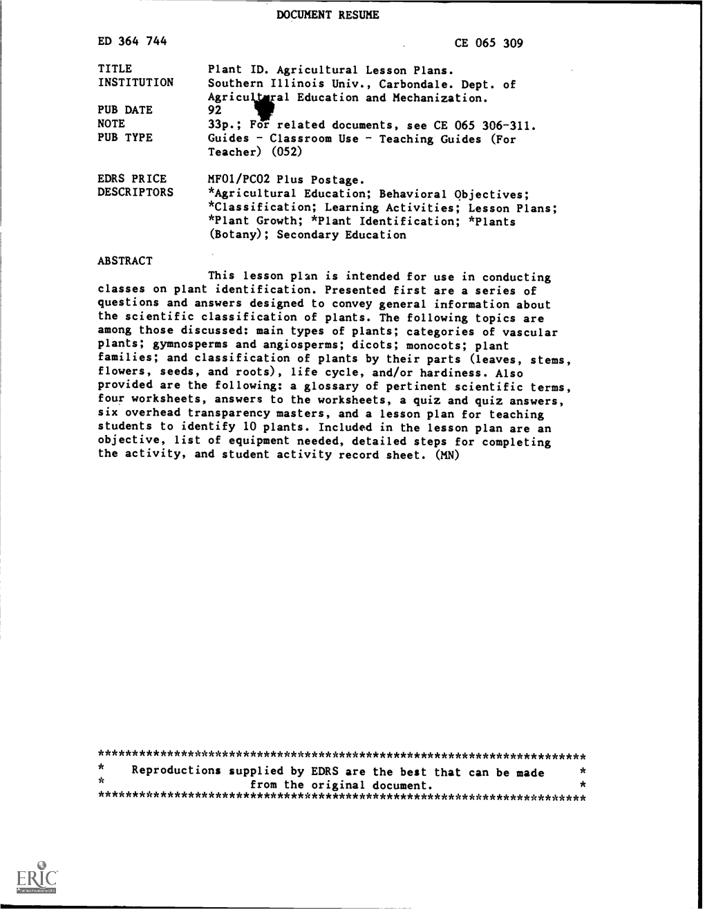 Plant ID. Agricultural Lesson Plans. INSTITUTION Southern Illinois Univ., Carbondale