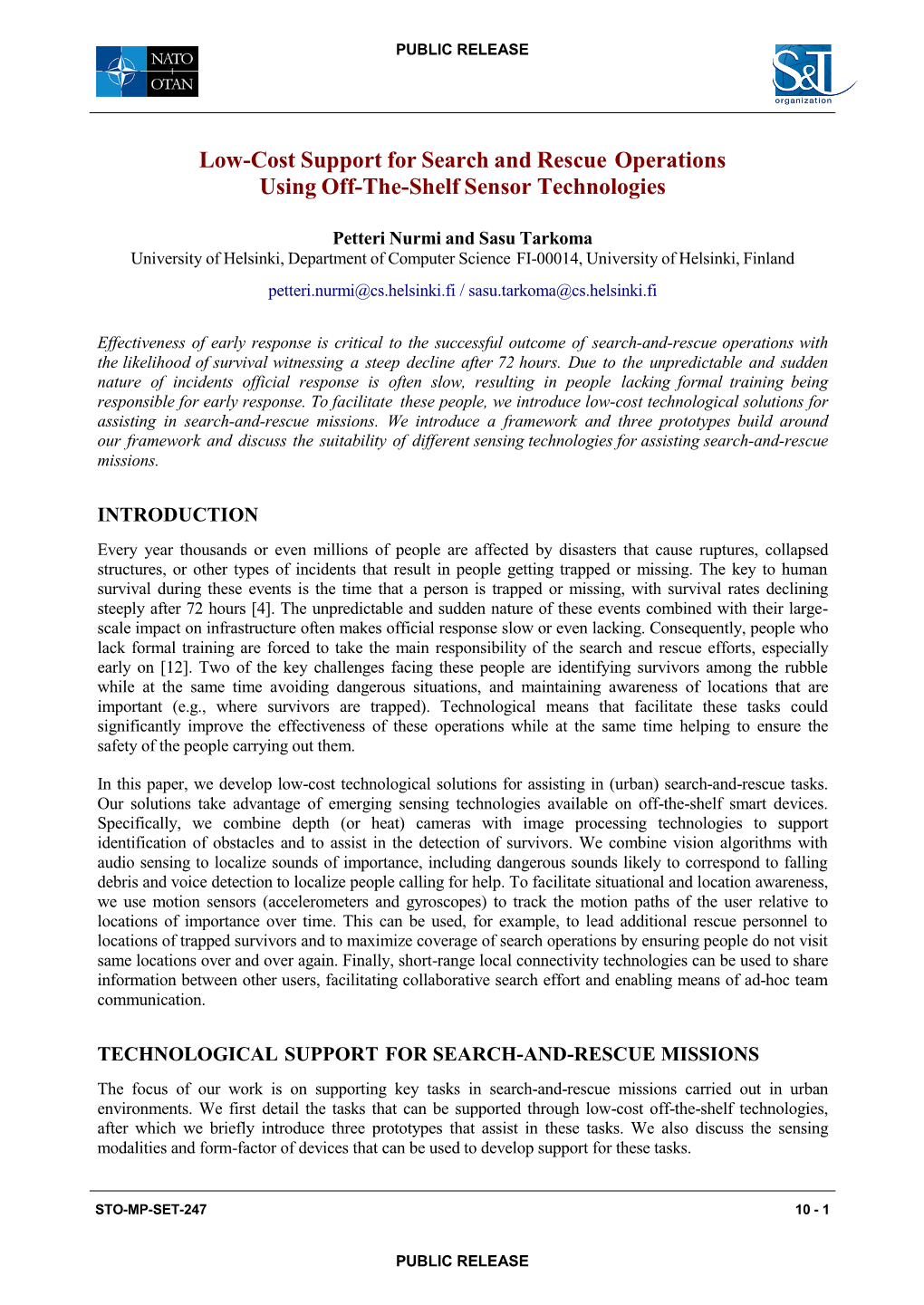 Low-Cost Support for Search and Rescue Operations Using Off-The-Shelf Sensor Technologies