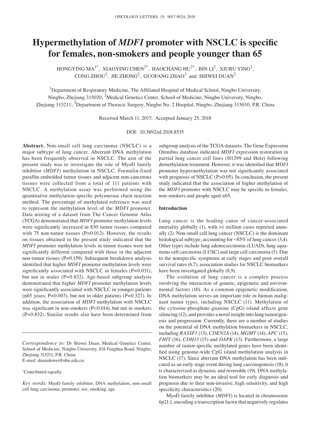 Hypermethylation of MDFI Promoter with NSCLC Is Specific for Females, Non‑Smokers and People Younger Than 65