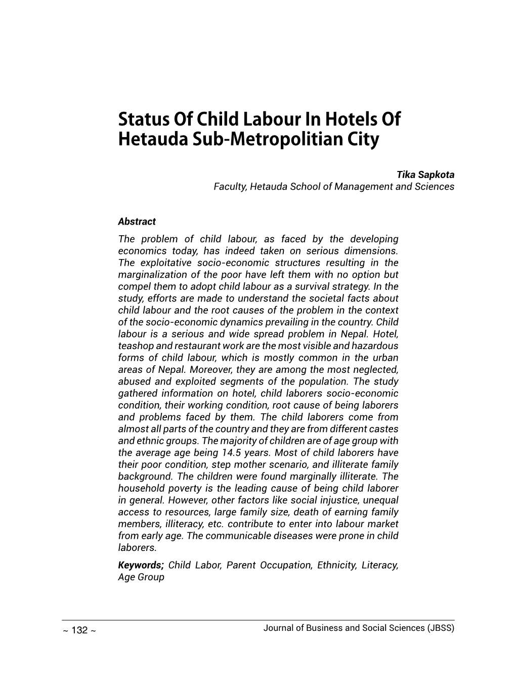 Status of Child Labour in Hotels of Hetauda Sub-Metropolitian City