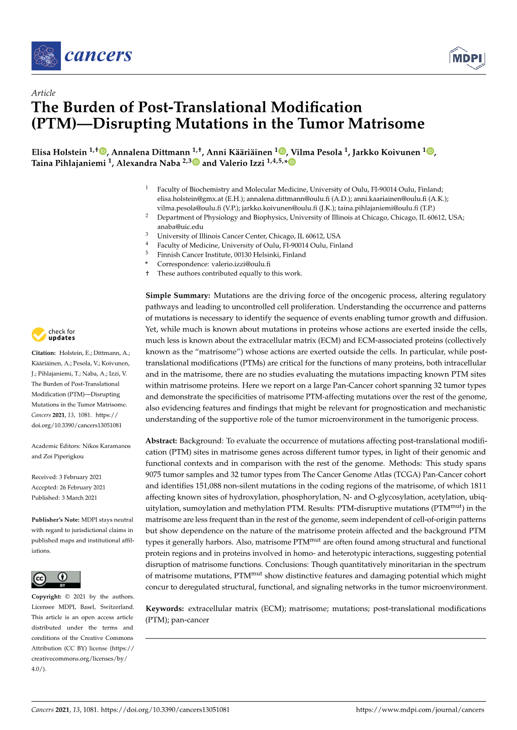 The Burden of Post-Translational Modification (PTM)—Disrupting Mutations in the Tumor Matrisome