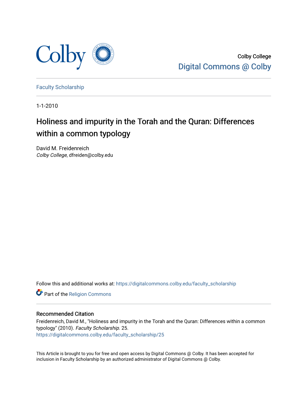 Holiness and Impurity in the Torah and the Quran: Differences Within a Common Typology