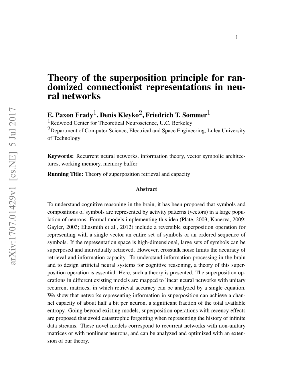 Theory of the Superposition Principle for Ran- Domized Connectionist Representations in Neu- Ral Networks