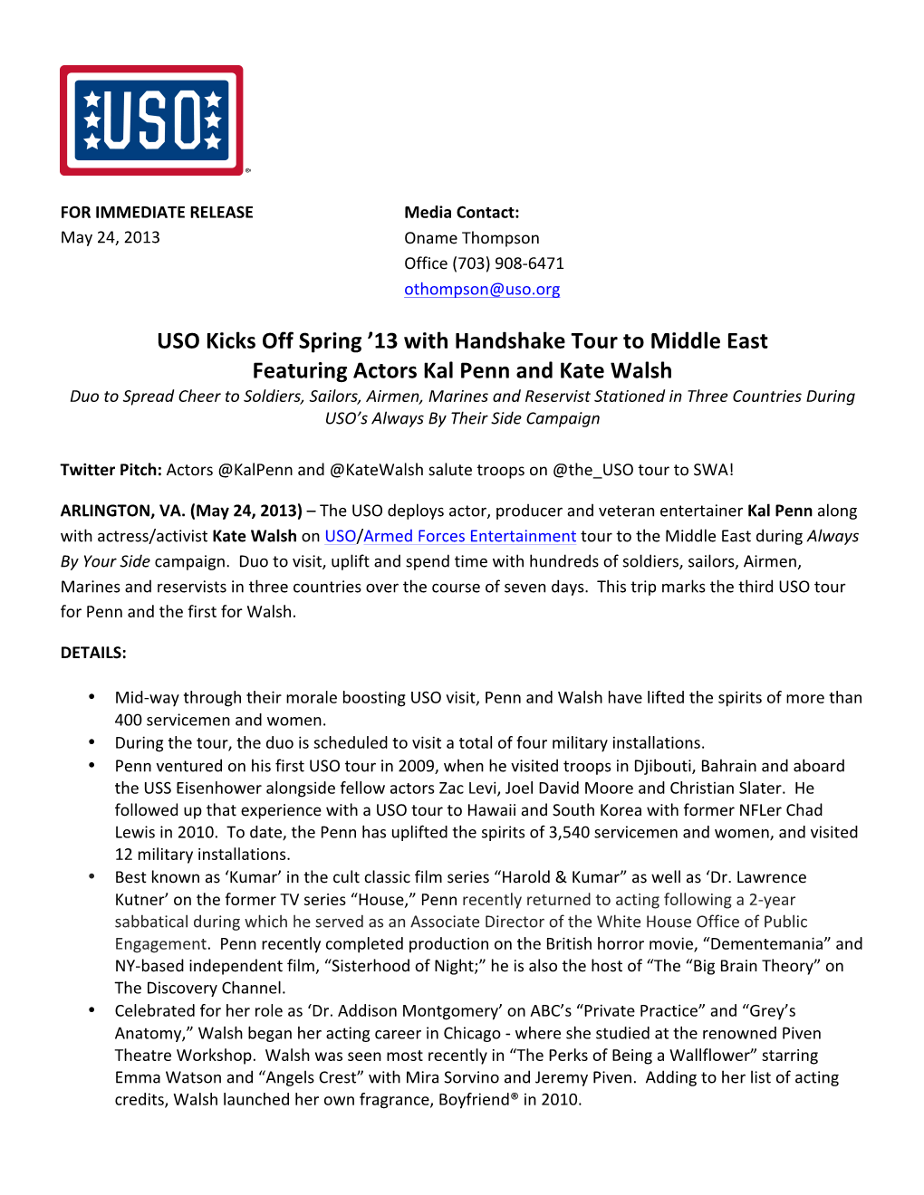 USO Kicks Off Spring '13 with Handshake Tour to Middle East