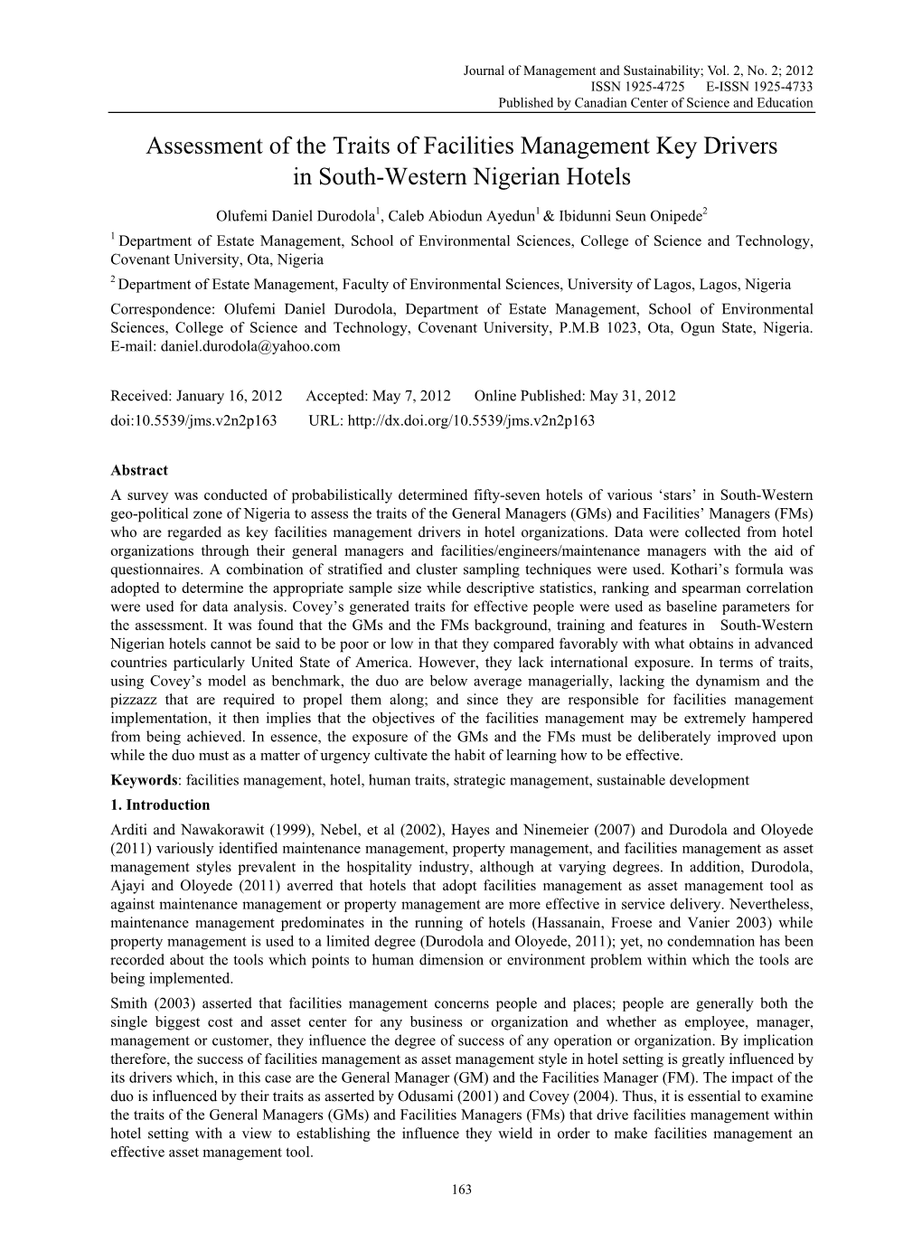 Assessment of the Traits of Facilities Management Key Drivers in South-Western Nigerian Hotels