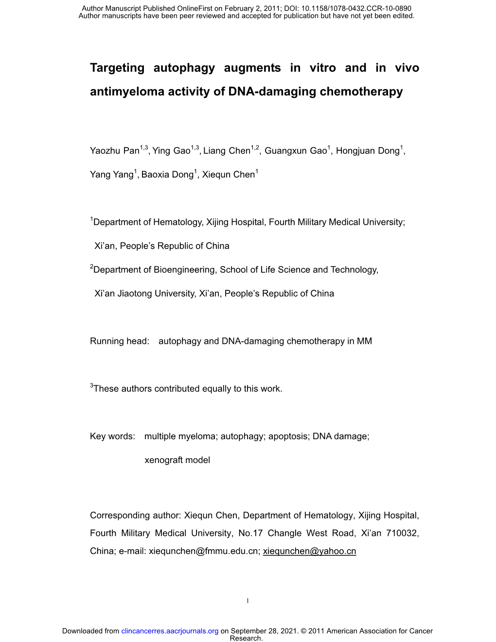 Targeting Autophagy Augments in Vitro and in Vivo Antimyeloma Activity of DNA-Damaging Chemotherapy