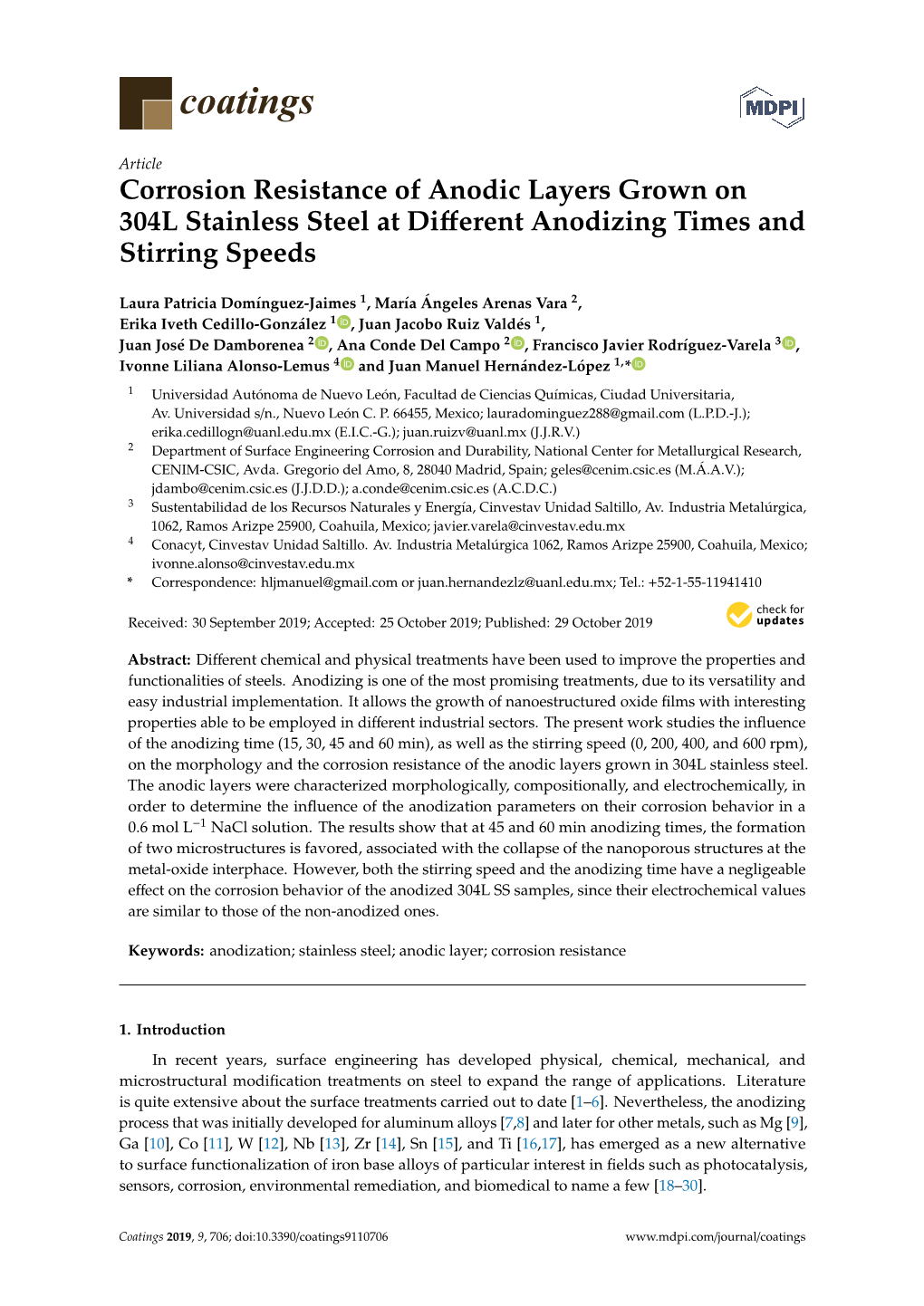 Corrosion Resistance of Anodic Layers Grown on 304L Stainless Steel at Diﬀerent Anodizing Times and Stirring Speeds