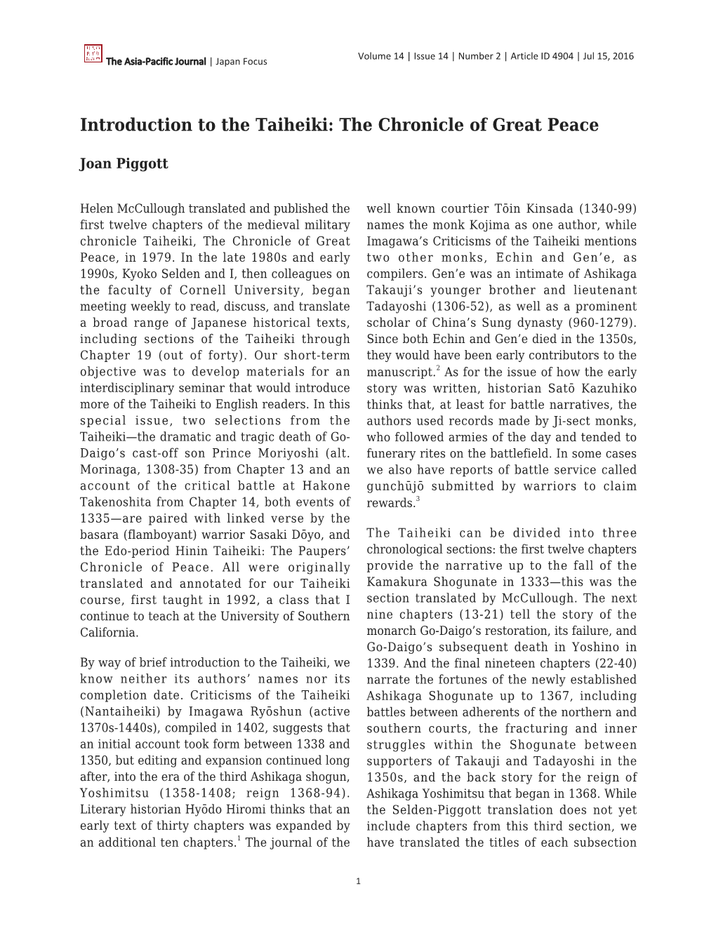 Introduction to the Taiheiki: the Chronicle of Great Peace