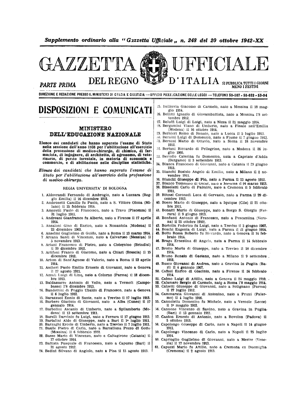 Gazzetta Ufficiale Del Regno D'italia N. 248 Del 20 Ottobre 1942