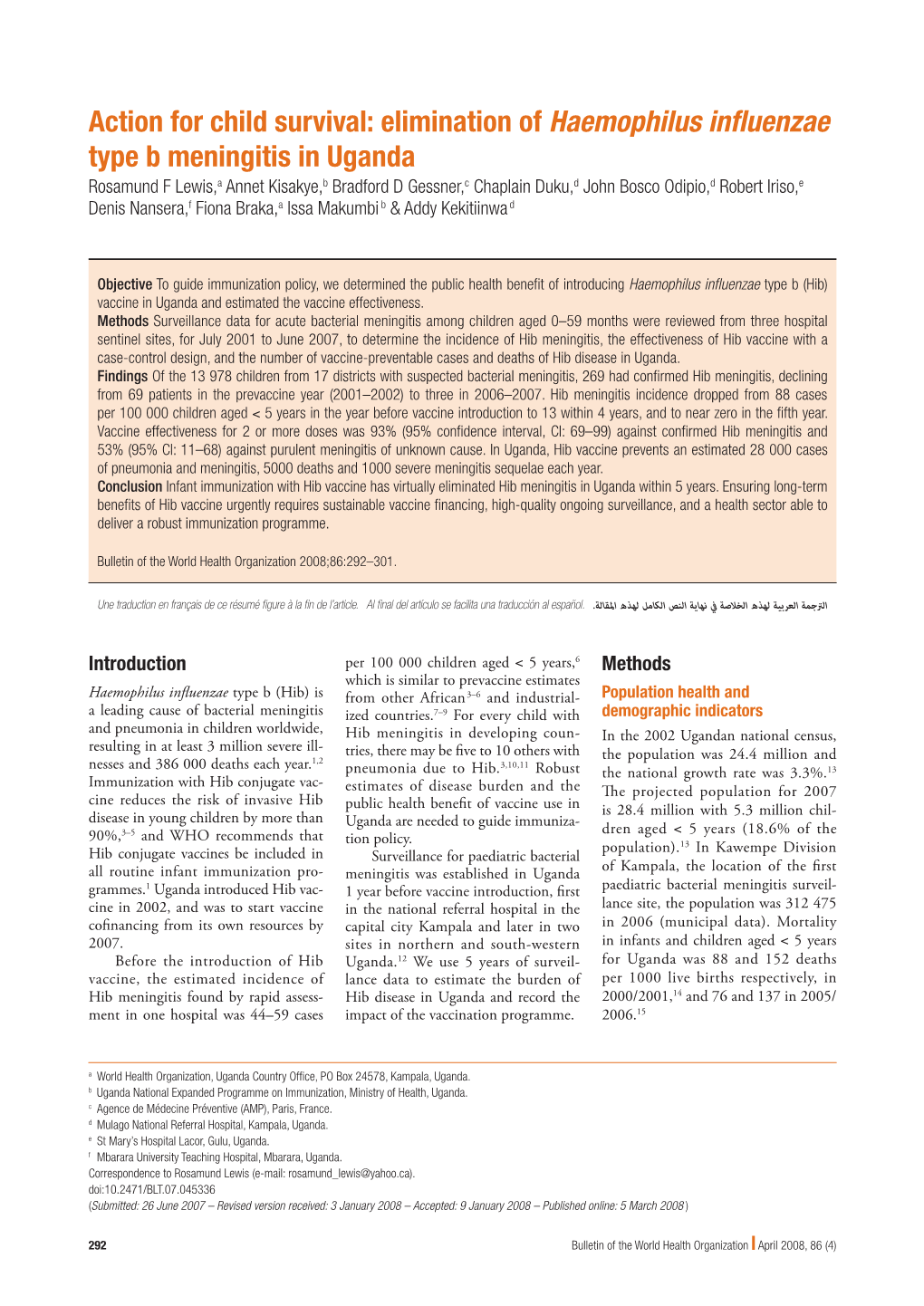 Elimination of Haemophilus Influenzae Type B Meningitis in Uganda