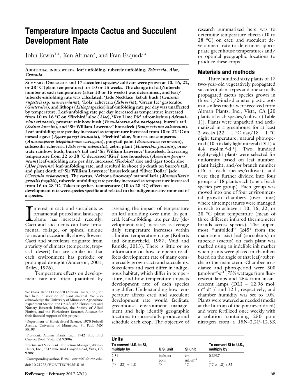 Temperature Impacts Cactus and Succulent Development Rate