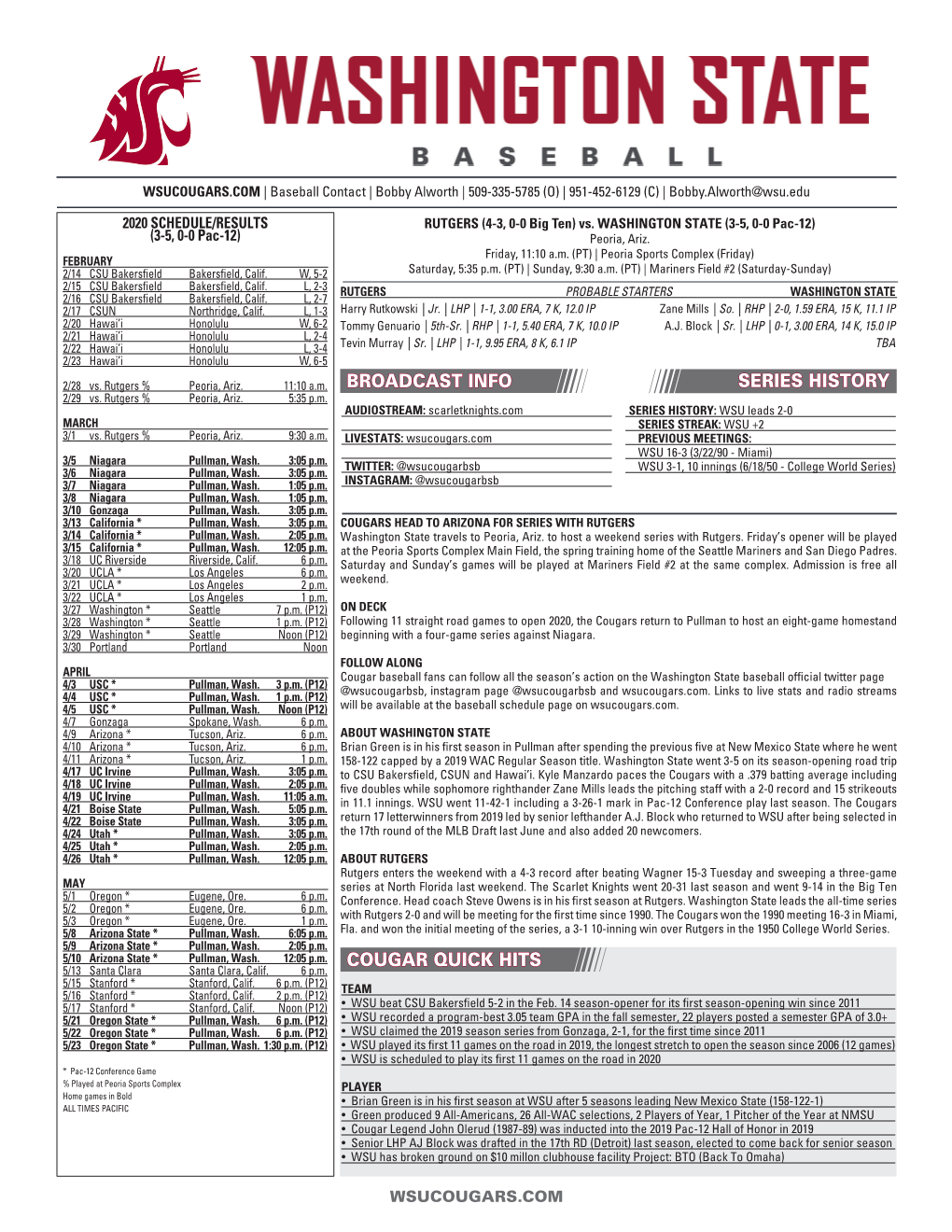 Cougar Quick Hits Broadcast Info Series History