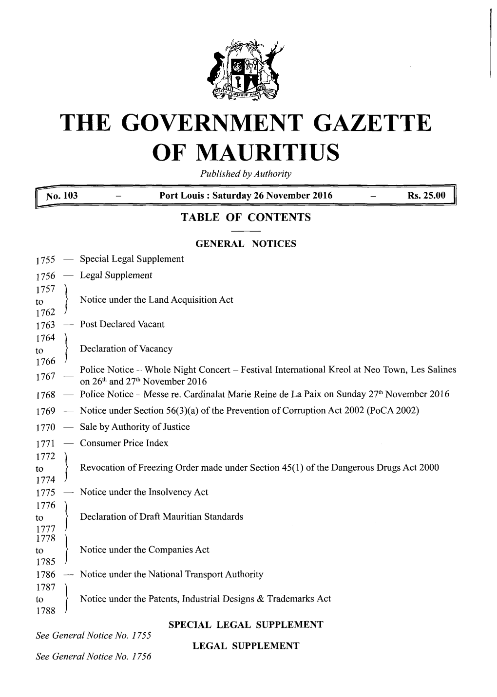 THE GOVERNMENT GAZETTE of MAURITIUS Published by Authority