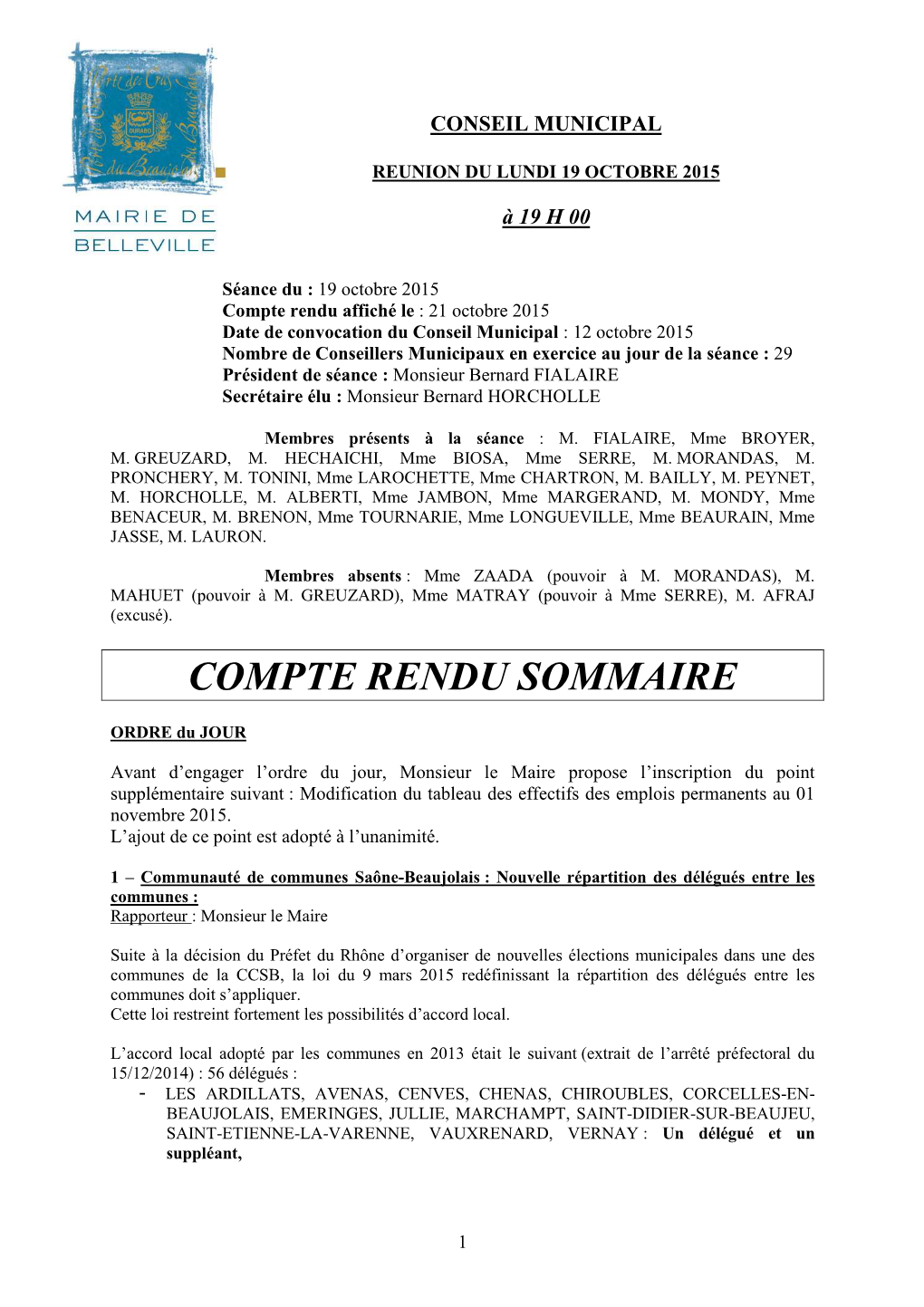 Cr Sommaire Du 19 Octobre 2015