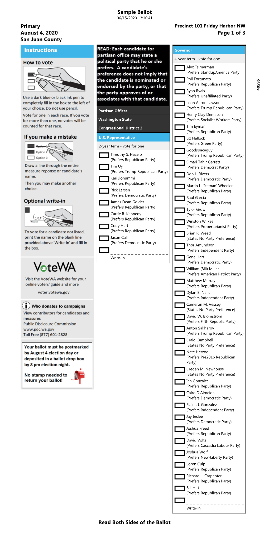 Sample Ballot Read Both Sides of the Ballot August 4, 2020 Primary San Juan County Page 1 of 3
