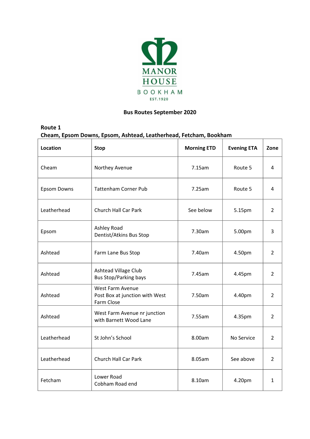 Bus Routes September 2020 Route 1 Cheam, Epsom Downs, Epsom