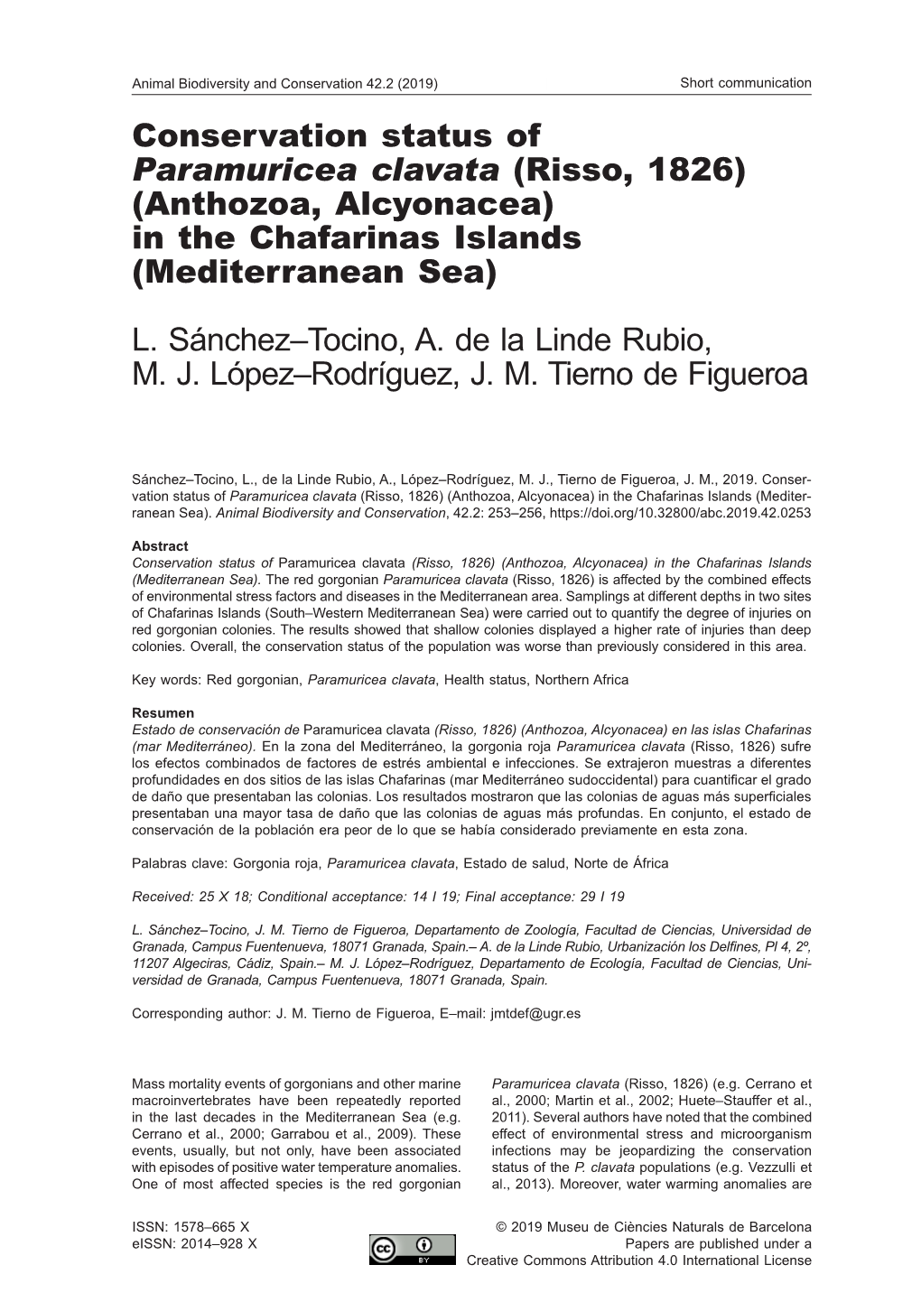 Conservation Status of Paramuricea Clavata (Risso, 1826) (Anthozoa, Alcyonacea) in the Chafarinas Islands (Mediterranean Sea)