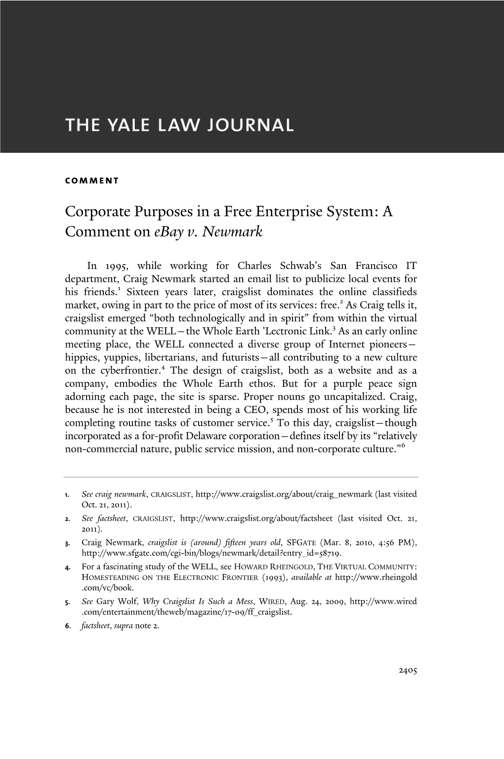 Corporate Purposes in a Free Enterprise System: a Comment on Ebay V. Newmark