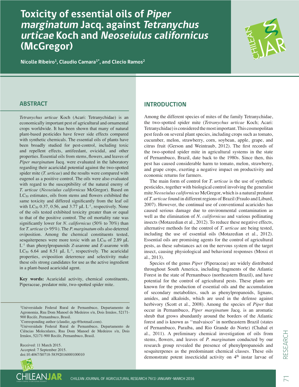 Toxicity of Essential Oils of Piper Marginatum