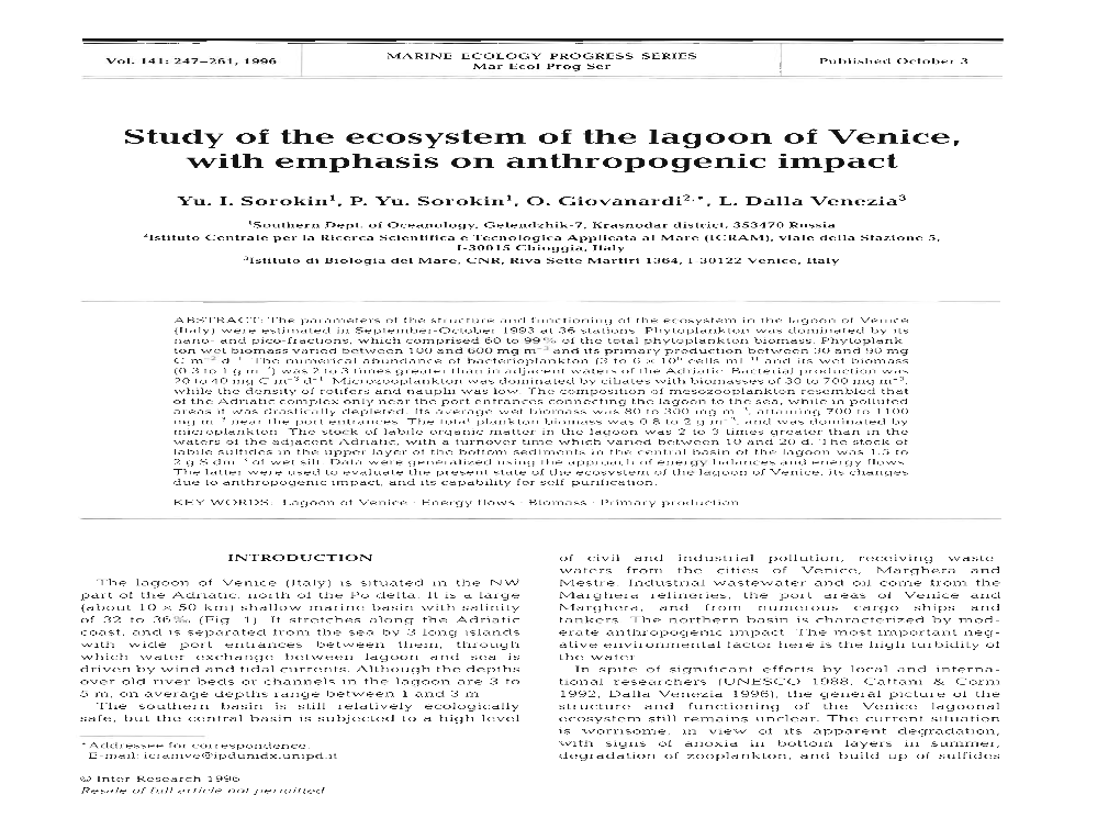 Study of the Ecosystem of the Lagoon of Venice, with Emphasis on Anthropogenic Impact