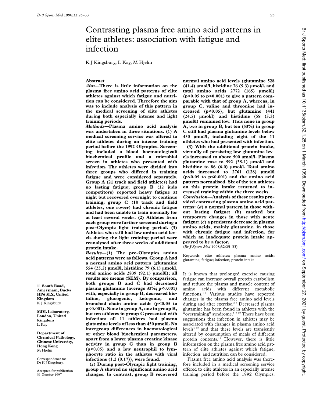 Contrasting Plasma Free Amino Acid Patterns in Elite Athletes