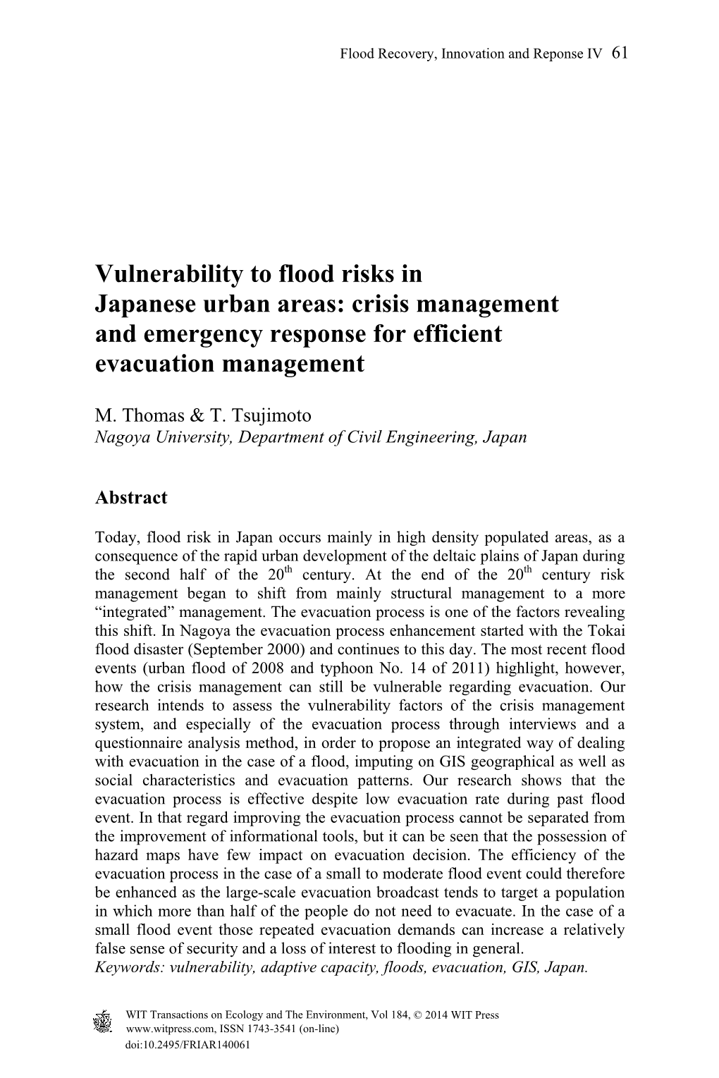 Vulnerability to Flood Risks in Japanese Urban Areas: Crisis Management and Emergency Response for Efficient Evacuation Management