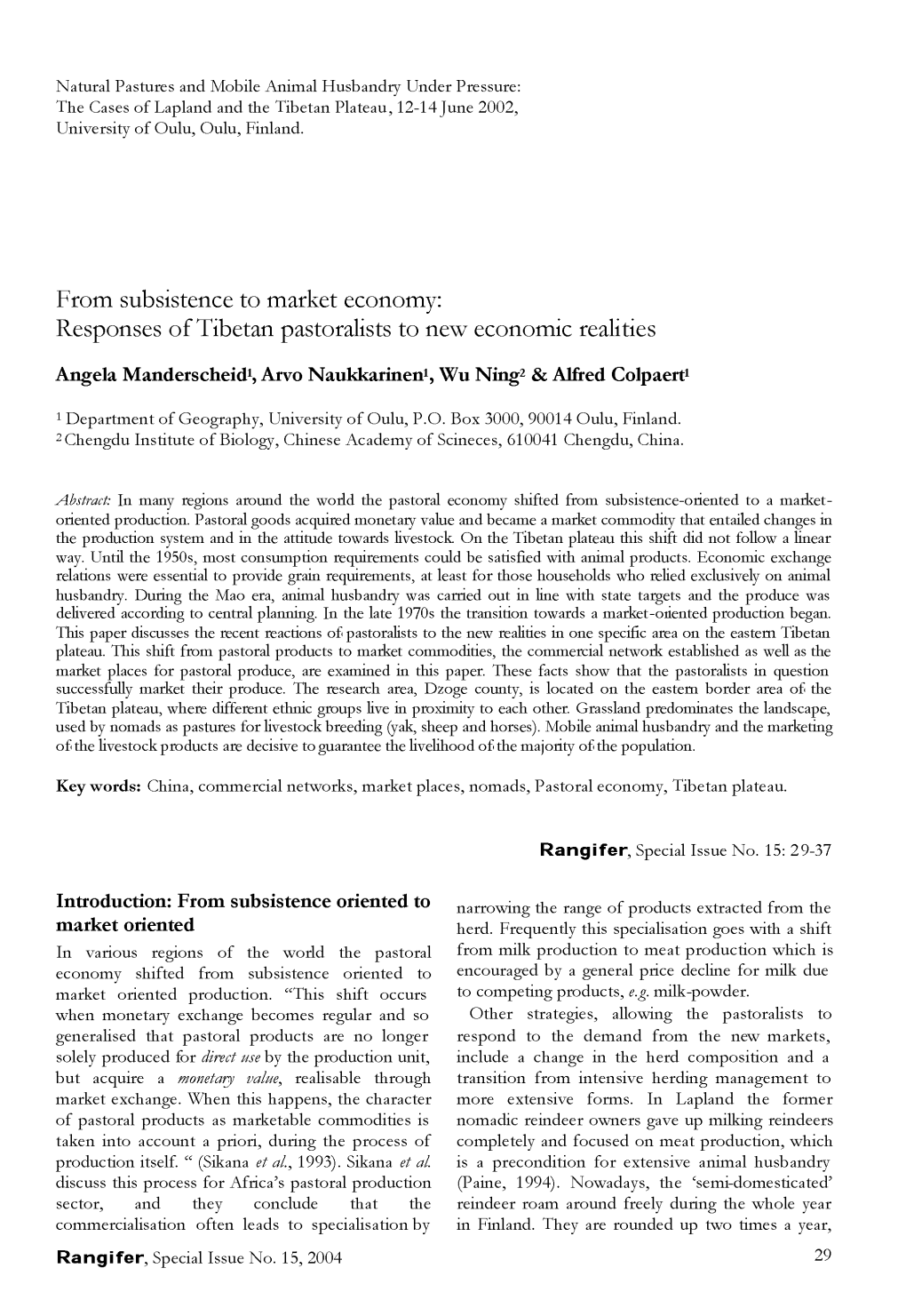 From Subsistence to Market Economy: Responses of Tibetan Pastoralists to New Economic Realities