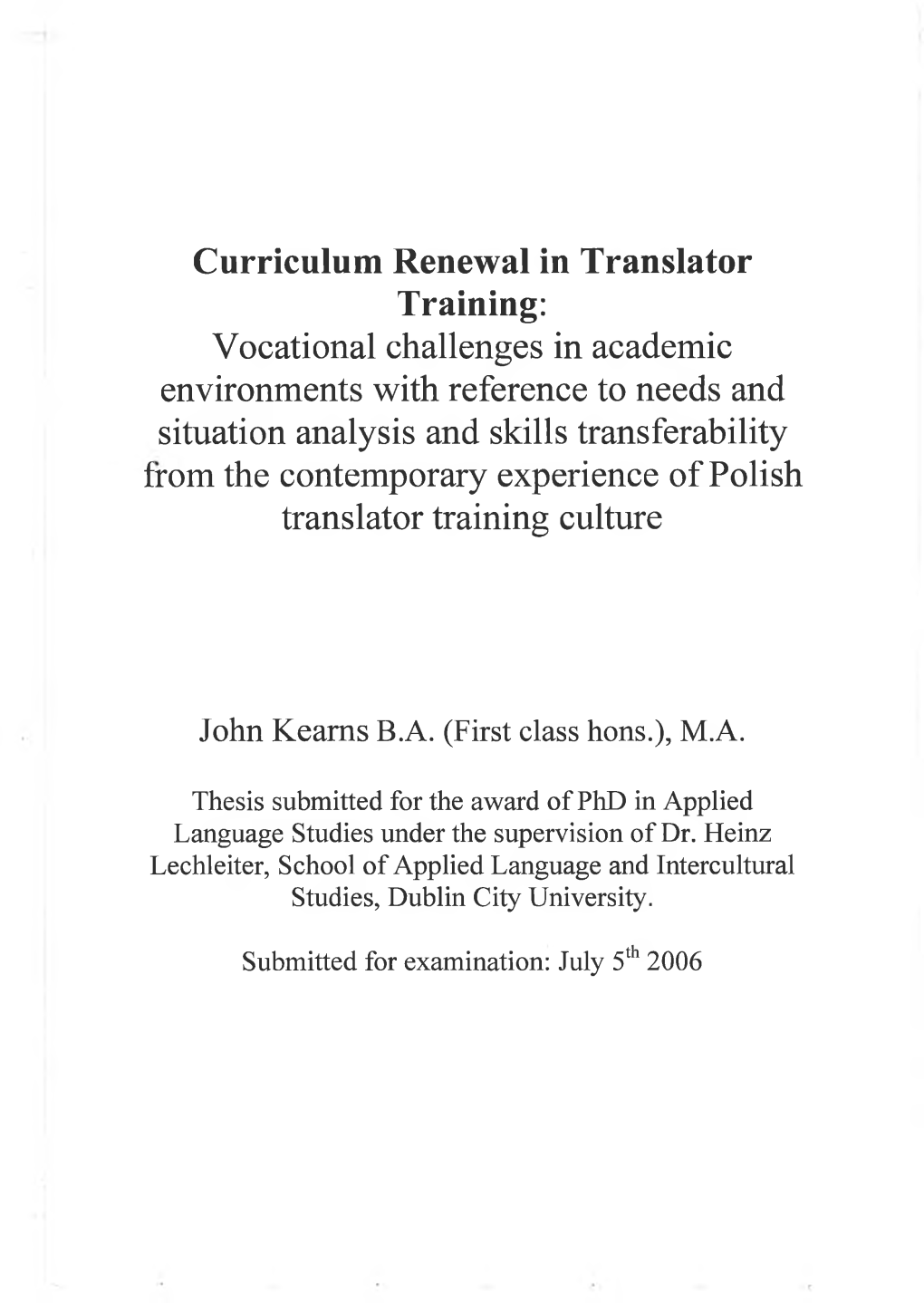 Curriculum Renewal in Translator Training