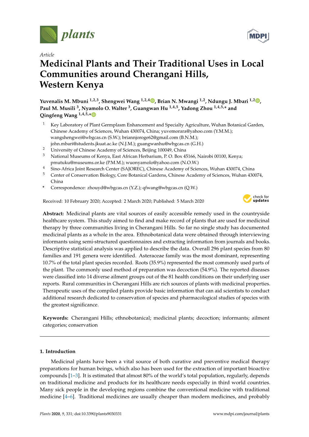 Medicinal Plants and Their Traditional Uses in Local Communities Around Cherangani Hills, Western Kenya
