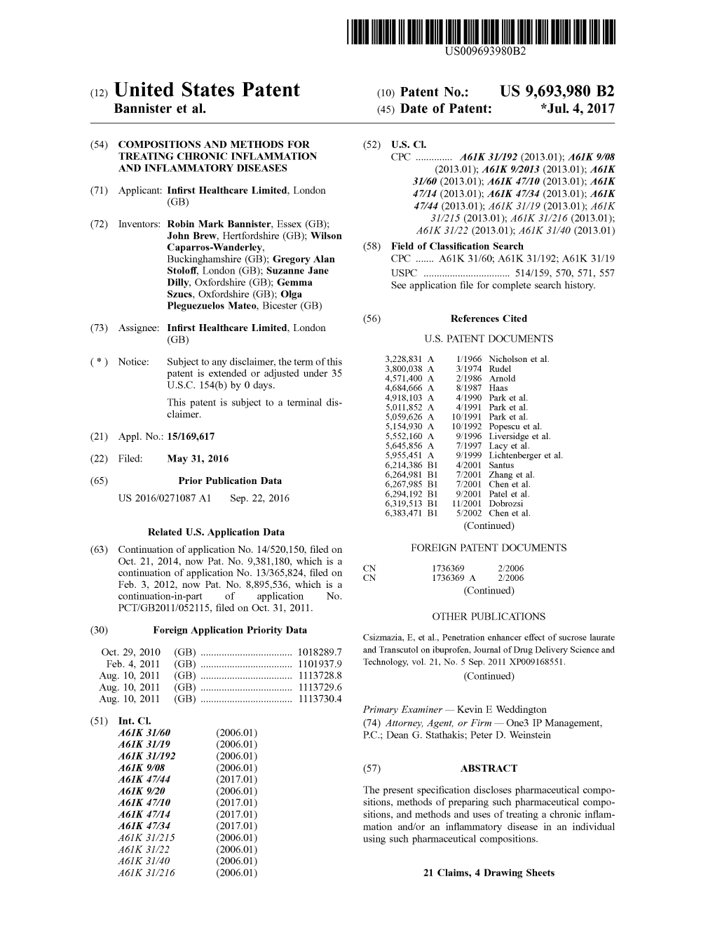 (12) United States Patent (10) Patent No.: US 9,693,980 B2 Bannister Et Al