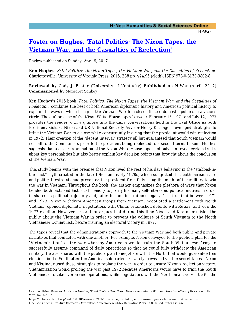 Foster on Hughes, 'Fatal Politics: the Nixon Tapes, the Vietnam War, and the Casualties of Reelection'