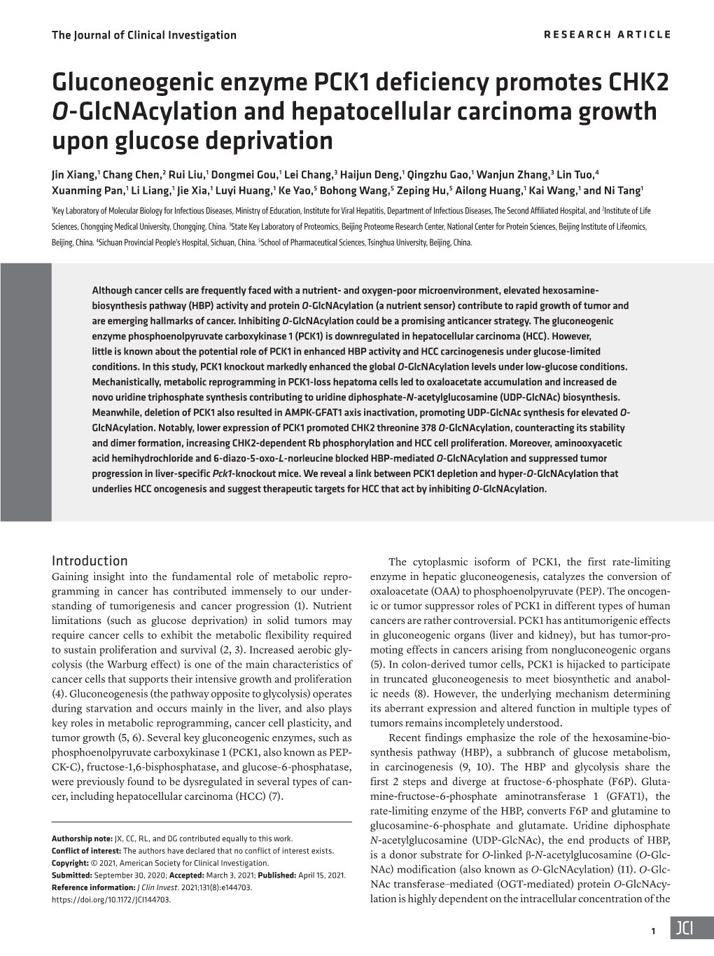 Gluconeogenic Enzyme PCK1 Deficiency Promotes CHK2 O-Glcnacylation and Hepatocellular Carcinoma Growth Upon Glucose Deprivation