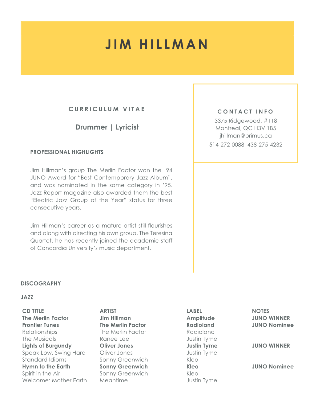 Jim Hillman CV