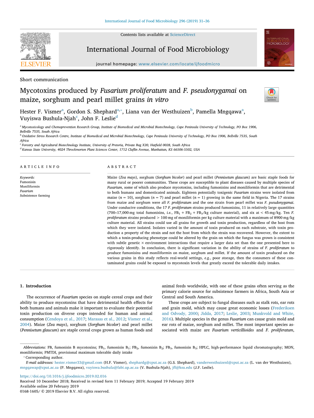 International Journal of Food Microbiology Mycotoxins Produced by Fusarium Proliferatum and F. Pseudonygamai on Maize, Sorghum A