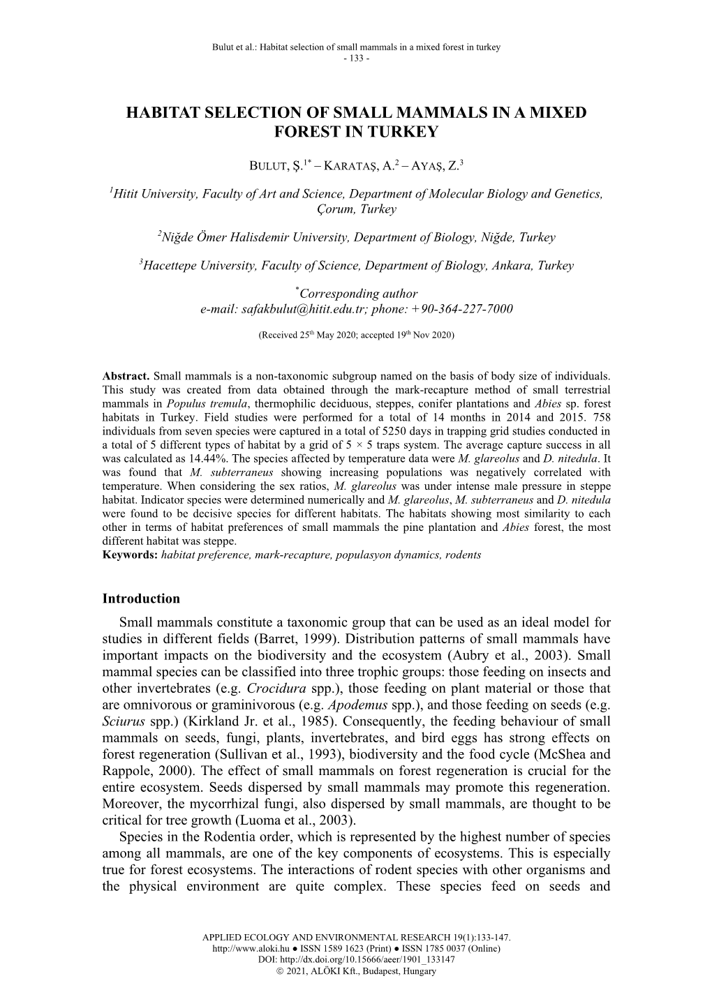 Habitat Selection of Small Mammals in a Mixed Forest in Turkey - 133