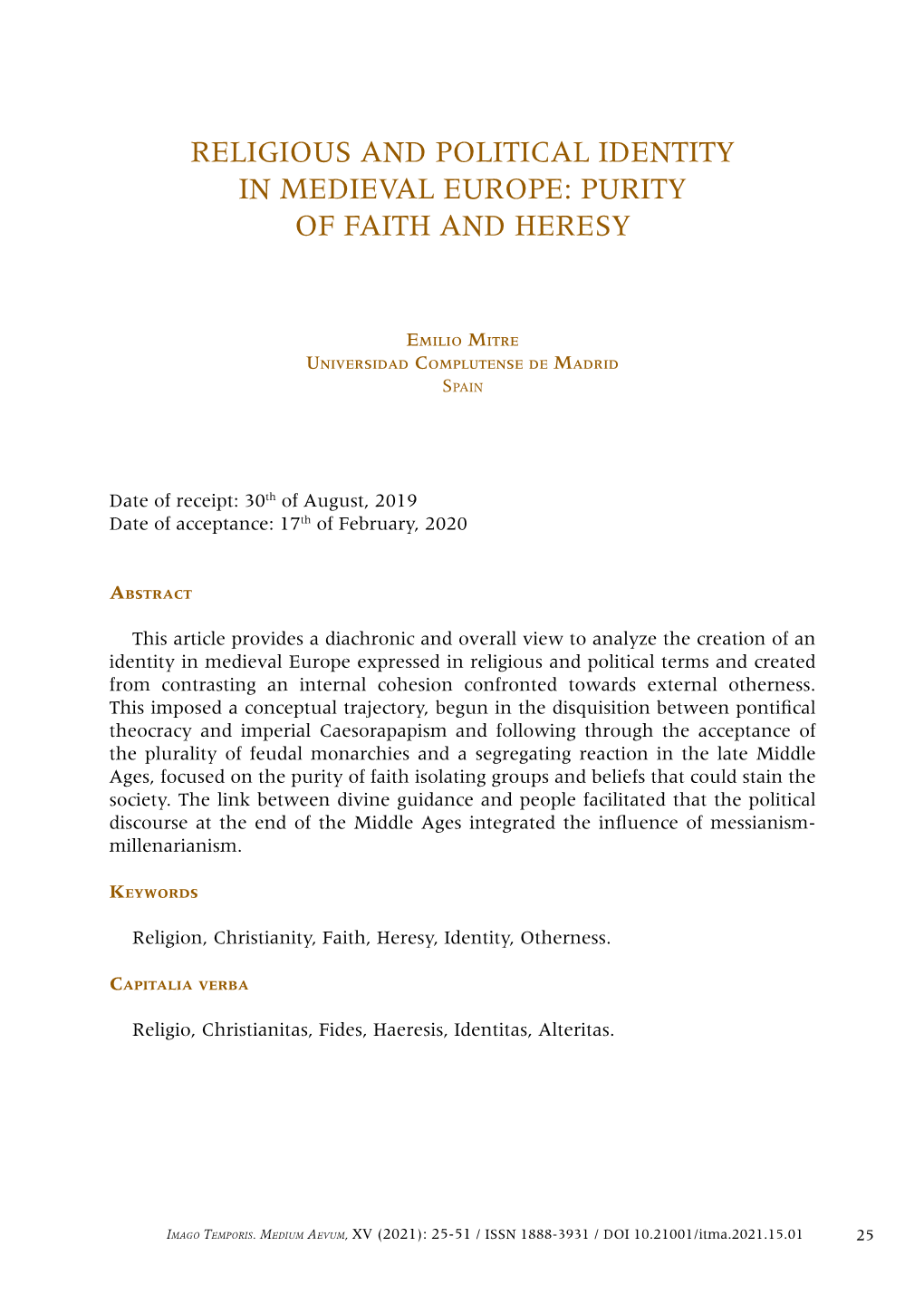 Religious and Political Identity in Medieval Europe: Purity of Faith and Heresy